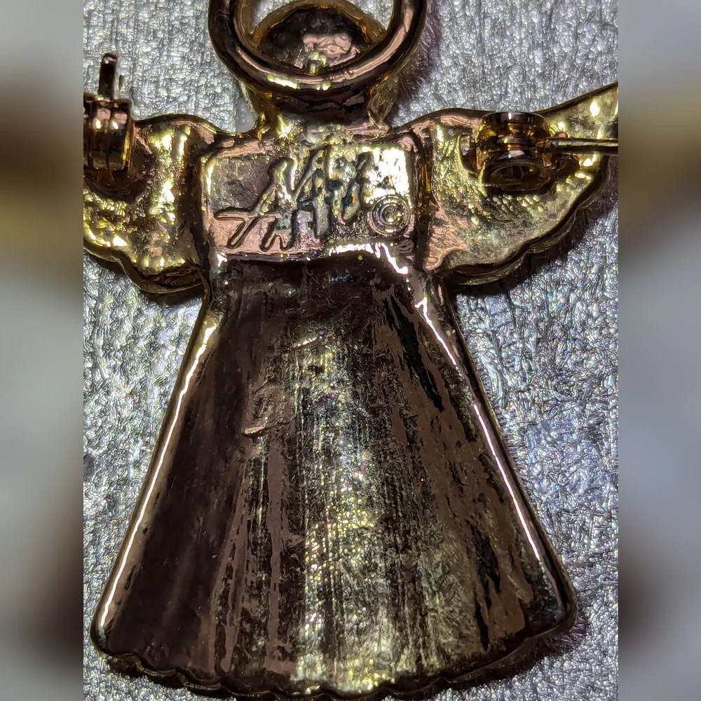Angel Brooch pin Crystal Accent AAI signed Memory Holiday Christian Vintage